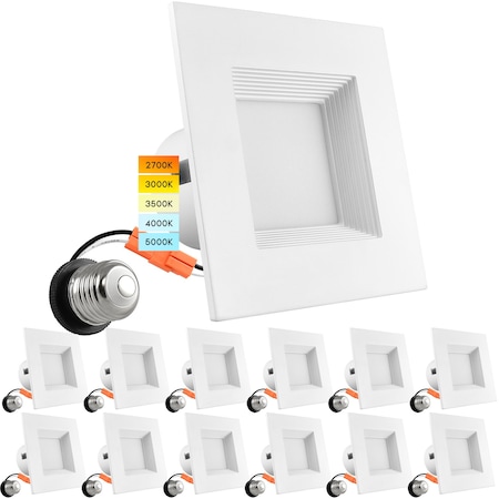 Luxrite 4 Inch Square LED Recessed Can Lights 5 CCT Selectable 2700K-5000K 11W 750LM Dimmable 12-Pack LR23784-12PK
